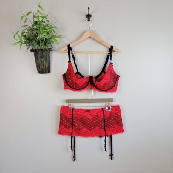 NEW Cacique Quarter Cup Bra Garter Belt Set Red Floral Dot Lace 42F Lane Bryant - Picture 1 of 16